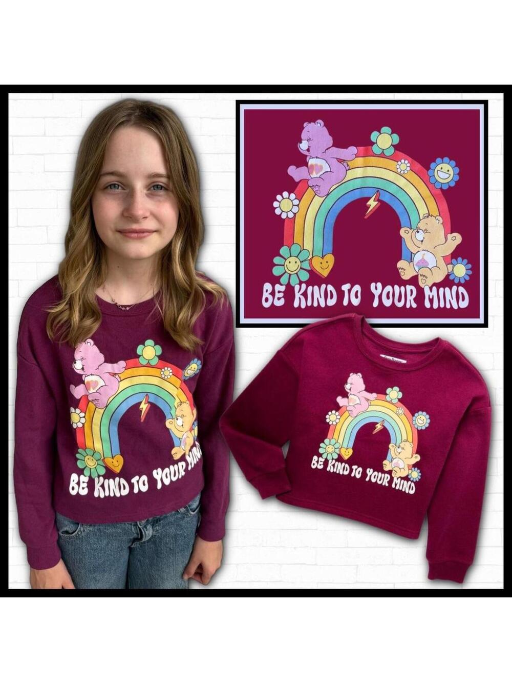 Burgundy Care Bears Sweatshirt | ‘Be Kind To Your Mind’ | Girls 7/8 🧸💕